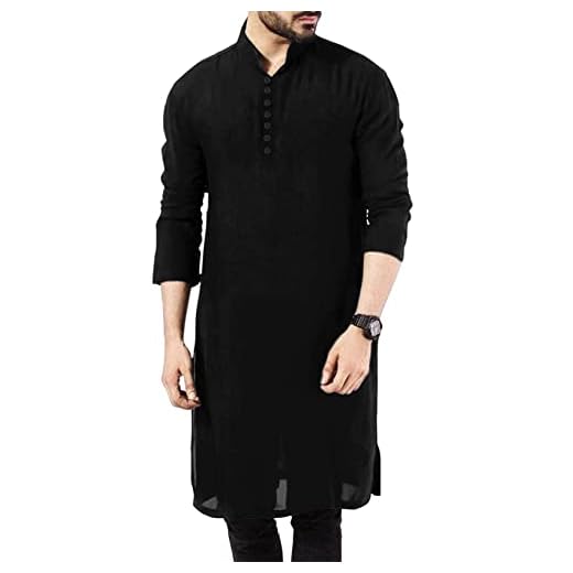 Taoliyuan Men's Abaya Thobe Arabic Longline Shirt Henley Kaftan Banded Collar Plain Gown, Black, Large