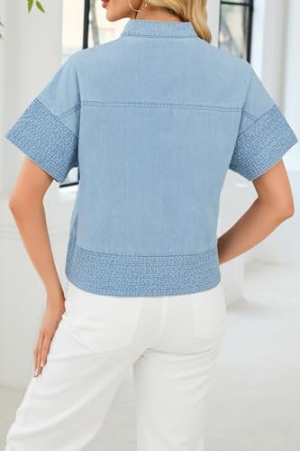 Womens Crop Denim Jacket Short Sleeve Button Down Lightweight Jean Tops Trendy3