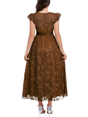Image of Women's Casual Tulle Midi Dress Ruffle Sleeve Crewneck Lace Flowy Dresses Party Wedding Guest Sundress