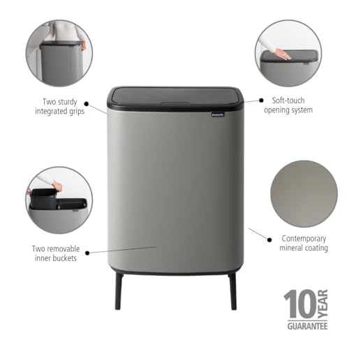 Image of Brabantia Bo Hi Touch Top Kitchen Trash Can with Dual Compartments & Raised Legs | Mineral Concrete Gray | 2 x 8 Gal Inner Buckets | Soft-Close, Light Touch Opening, Stay-Open Lid | + Trash Bags