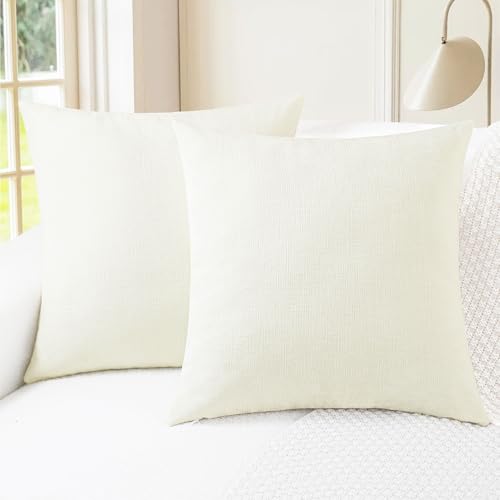 Image of CaliTime Pack of 2 Cozy Throw Pillow Covers Cases for Couch Sofa Home Decoration Solid Dyed Soft Chenille 12 X 12 Inches Cream