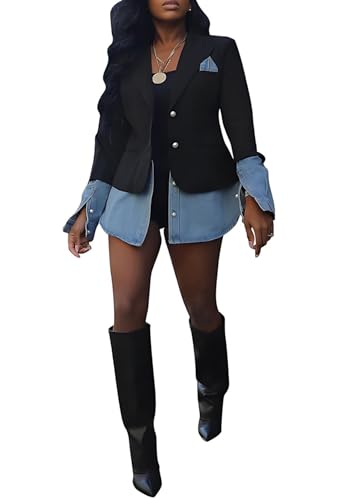 Women's Casual Blazers Fall Trendy Lapel Collar Denim Patchwork Long Seelves Slim Fit Work Office Suit Jacket