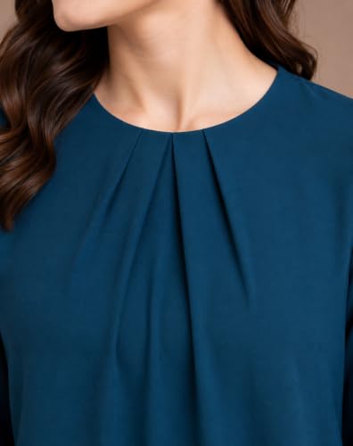 Image of Mirana Women's Full Sleeve Solid Top | Round Neck Pleated Front Regular Fit Office Casual Blouse with Button Cuffs