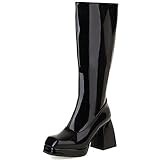 SOVANYOU Black Knee High Boots for Women Black Gogo Boots of the 70s Disco Tall Boot Square Toe Chunky High Heeled Patent Leather Boot