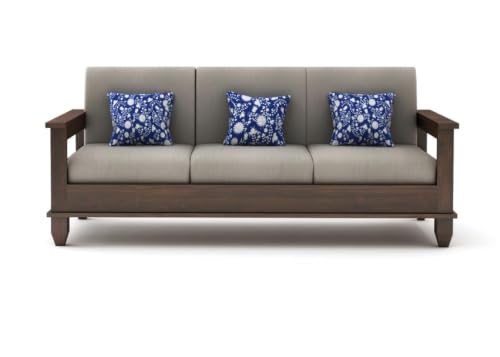 Image of STRATA FURNITURE Sheesham Wood 5 Seater Sofa Set for Living Room | Wooden 3+2 Seater Sofa Set Furniture for Bedroom Home Hall and Hotels (Walnut Finish, Grey)