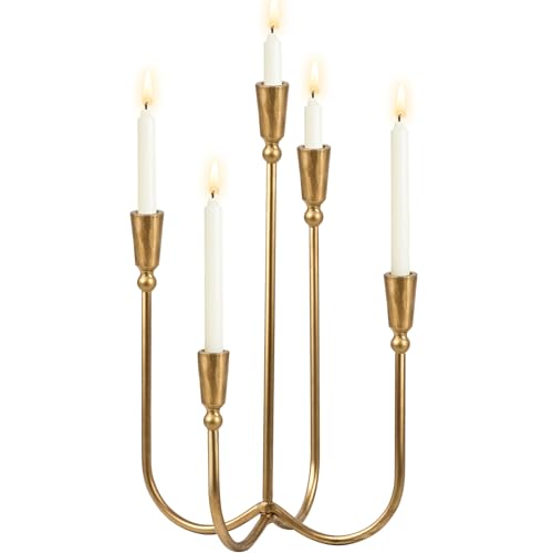 ZXQDRE 5 Arm Candelabra Cast Iron, 17.5 Inch Tall Candle Holder Antique Brass Candlestick Holder Stand for Taper Candles, Elegant Centerpiece Decor for Farmhouse, Wedding, Mantel & Dining Room