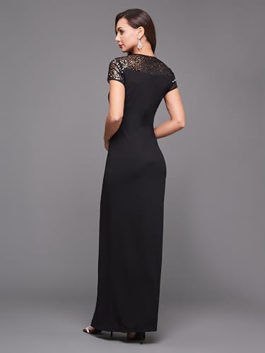 Image of Miss Chase Women's Round Neck Sleeve Embellished Fit Flare Maxi Dress