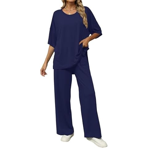KevaMolly Navy 2 Piece Lounge Set for Women Postpartum Oversized Tops and Wide Leg Pants Soft Comfy Pajamas Set 2 Piece Outfits L Cover