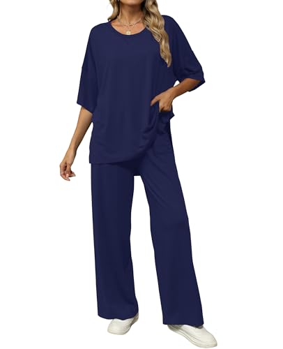 Image of KevaMolly 2 Piece Lounge Set for Women Postpartum Oversized Tops and Wide Leg Pants Soft Comfy Pajamas Set 2 Piece Outfits