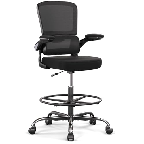 Ergonomic Drafting Chair with Footrest,Tall Office Chair for Standing Desk with Flip-up Armrests with Breathable Comfy Mesh Support and Adjustable Foot Rest Ring(Black)
