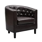 Emma Accent Chair, Button Tufted Faux Leather Barrel Chair, Midcentury Modern Accent Chair Comfy Armchair, Tub Barrel Chairs for Bedrooms, Premium Arm Chairs for Living Room, Bedroom, Office, Espresso