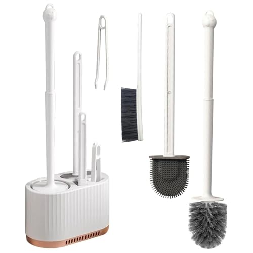 Image of Silicone Toilet Cleaning Brush Bowl and Holder | Wall Mounted Flat Toilet Cleaner Set | Cleaning Tool Bathroom Tool Toilet Scrubber Long Handle Toilet Brush with Plastic Handle (4 in 1)