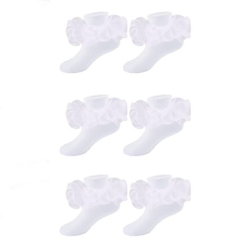BILIKEYU Girls Flowers Frilly Ruffle Crew Socks 3 Pairs Cotton Baby/Little/Big Girl Ankle Dress Socks for Kids