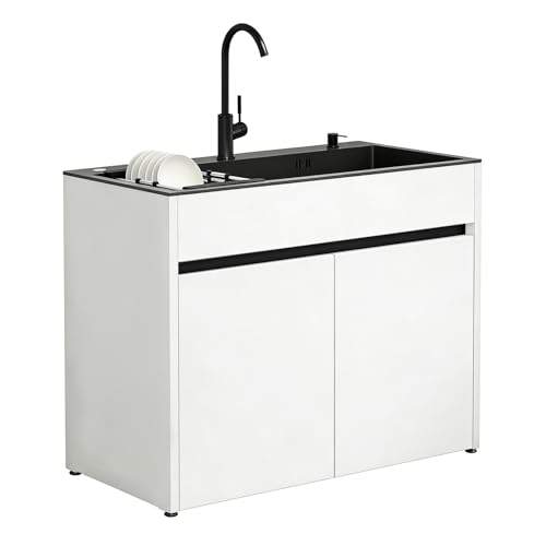 Meuble Évier avec Vasque en Acier Inoxydable Noir pour Buanderie et Garage, armoire de rangement en aluminium alvéolaire avec robinet, distributeur de savon...