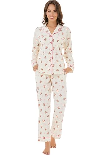 Image of LUBOT 100% Cotton Pajamas for Women Pajama Set 2 Piece PJ Sleepwear Set Soft Ladies Button Knit Long Sleeve Loungewear XS-XXL