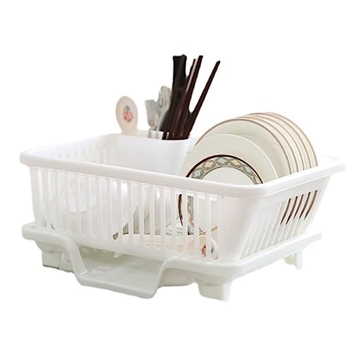 Organizador Escurreplatos Bandeja De Drenaje De Plástico Fregadero De Cocina Estante De Secado De Platos Escurridor Soporte De Lavado Cesta Organizador Escurridor De Trastes(White,44.5*31.5*18.5cm)