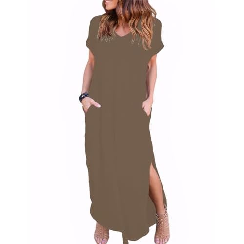 Zilcremo Women Summer Casual Maxi Dress Loose Pockets Short Sleeve Split Boho Dresses Apricot Small Khaki