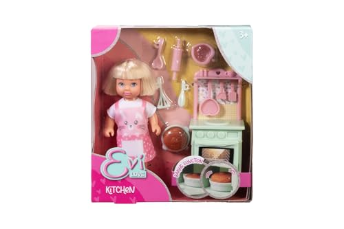 Simba Evi Love Kitchen, Spielpuppe mit Neuer Küche, Ofen zum Öffnen und Kuchen mit Funktion, Zubehör, 12cm, ab 3 Jahren