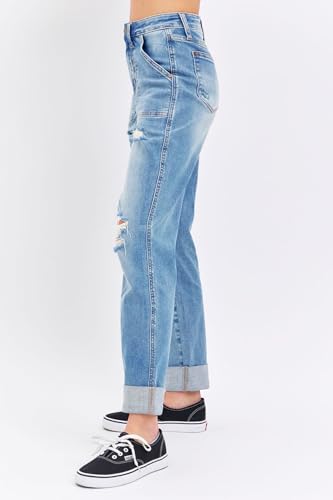 Judy Blue High Waisted Patch Pocket Distressed Boyfriend Jeans for Women Stretch Denim Comfortable Fit Versatile - 888253