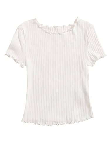 SHENHE Girl's Short Sleeve Ribbed Knit Lettuce Trim Crewneck T Shirt Tee Tops