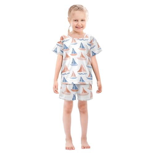 ALAZA Watercolor Sail Boat Cartoon Pajamas Set Short Sleeve Cotton Sleepwear Summer Pjs 2 Piece 5-14Y3