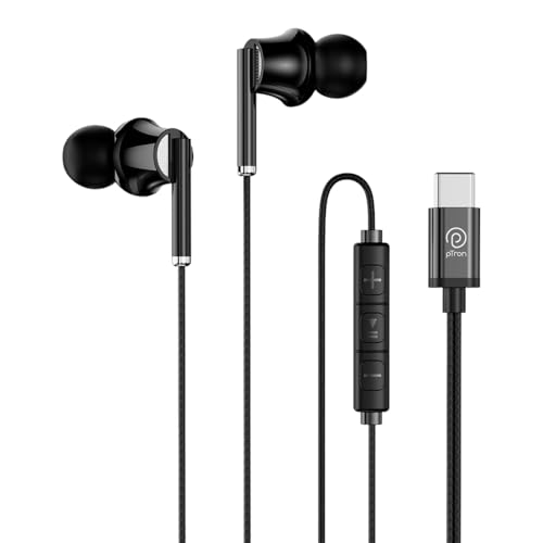 pTron Boom Play X6 in-Ear Type C Wired Earphones with Mic, 14mm Drivers for Pristine Sound, 1.2M Tangle-Free Cable, in-Line Controls, Snug-Fit & Wide Compatibility with C Type Devices (Black)