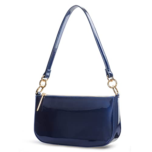HOXIS Glossy Faux Patent Leather Women Shoulder Bag Shiny Clutch Crossbody Bag 90s Purse (Navy)