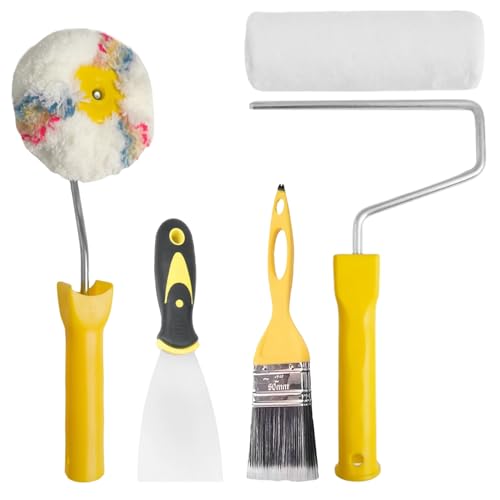 Juego de Rodillo Pintura Pared, Incluye Cepillo para Esquinas, pala, Brocha, Rodillo para Pintar, Duradero y Fácil de Limpiar, Rodillos para Pintar Paredes, para Paredes y Techos Exteriores (amarillo)