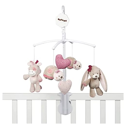 Nattou Mobile with Nina, Jade and Lili music box, soft lullaby "La-Lu”, 48 x 7 x 15 cm, beige/pink/white