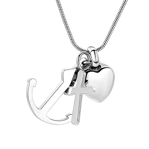 Collier urne coeur en acier inoxydable pour cendres avec breloque ancre et croix