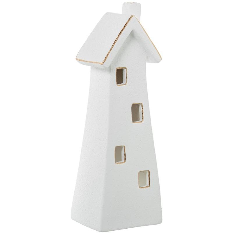 Statuetta portacandele di una casa in ceramica in bianco e oro 11x9x35 cm