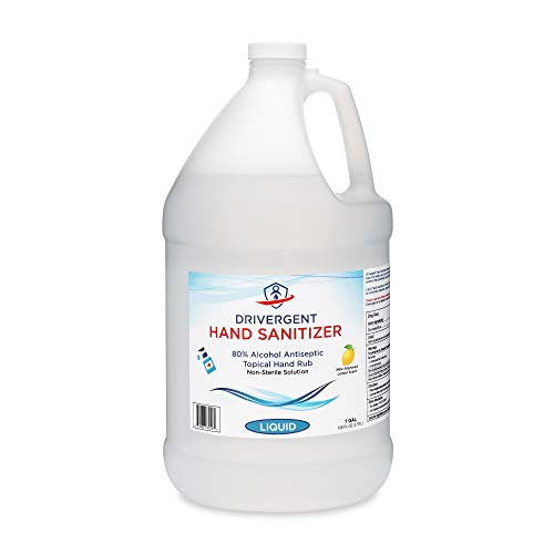 Drivergent Hand Sanitizer, 80% Alcohol Liquid (non-gel), 1 Gallon Jug (128oz), improved lemon scent, refill