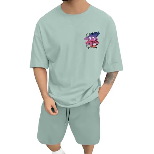 Sudadera con capucha para hombre, camiseta de verano de gran tamaño para hombre, cuello redondo, manga corta, holgada, estampado vintage, estilo deportivo, informal, camisa térmica (Light Green, L