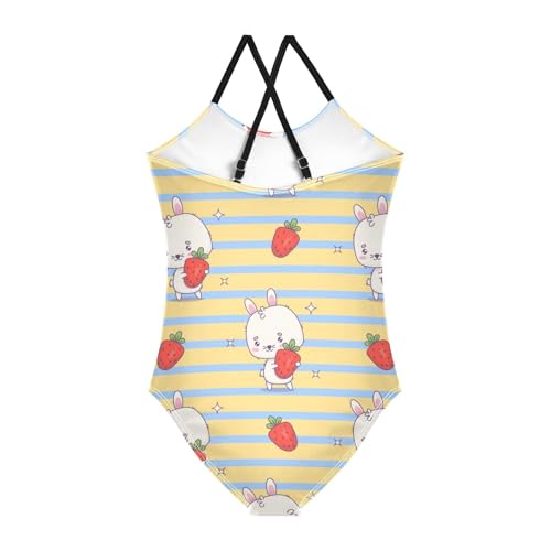Girls One Piece Swimsuits Bunny with Strawberries Pattern Sport Halter Swimwear Beach Bathing Suit, 4T2