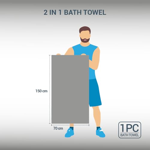 Image of Welspun 2-in-1 Towels for Bath Large Size | 100% Cotton Bath Towel | 250 GSM | High Absorbency & Quick Dry | Soft Feel | Bath Towel for Men & Women | 70 x 150 cm | Gunmetal Grey