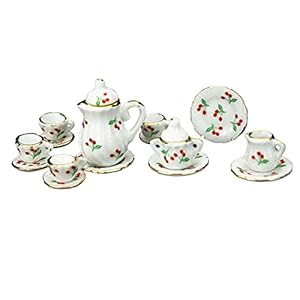 Huishoudelijke Servies Dollhouse Miniatuur Thee Set Porselein Cup Pot Dail Plate Floral Cherry Print 1:12 Accessoires…