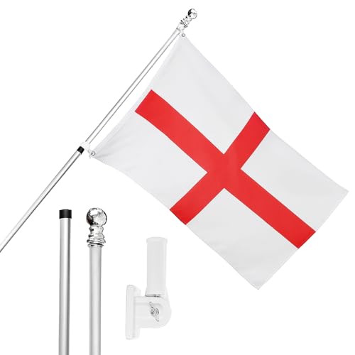 I LOVE FANCY DRESS England Flag Flagpole and Wall Mount Set - 5ft x 3ft Flag with Grommets Extendable Pole and Mount - English Sports Supporter National Pride Indoor Outdoor Decoration