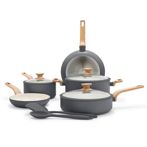 Image of GreenPan Rio Essence Wood 10 Piece Cookware Pots and Pans Set, Healthy Ceramic Nonstick, PFOA & PFAS-Free Coating, Induction, Silicone Rim Lids, Stay-Cool Wood Print Handles, Dishwasher Safe, Gray