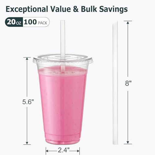 AOZITA [100 Sets] 20 oz Clear Plastic Cups With Lids and Straws, Iced Coffee Cups Disposable Cups for Iced Coffee, Smoothie, Milkshake and Cold Drinks