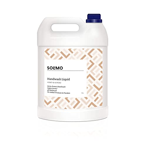 Amazon Brand - Solimo Liquid Handwash, Refill Can | Honey & Almond | 5 Litre | Fights Germs | pH-Balanced Formula | No Added Triclosan & Paraben