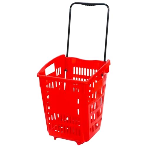 3 x 52L Red Plastic Shopping Basket with Wheels and Telescopic Handle | Stacking Baskets for Retail Shops and Supermarkets
