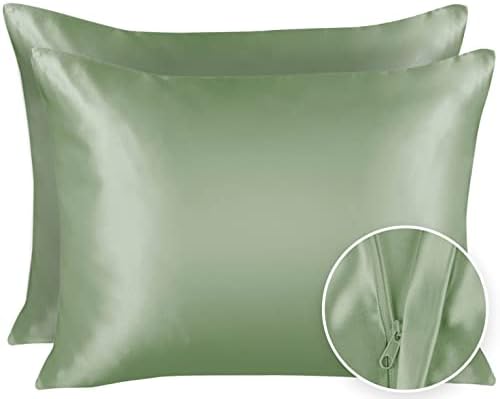 ShopBedding Satin Pillowcase for Hair and Skin Silk Pillowcases 2 Pack, Luxury Satin Pillowcases with Zipper Closure, Satin Pillow Case Cover, Standard Green Silk Pillowcase for Hair & Skin 2 Pack