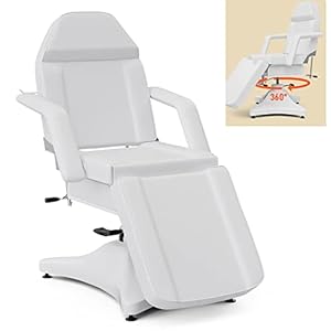 OKAKOPA 360 Swivel Tattoo Bed Chair, Heavy-Duty Facial Esthetician Beds Lash Chair w/Adjustable Angle and Height, Mute Professional Dental Chair, Spa Treatment Table for Massage, White