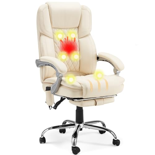 HOMREST Executive Office Chair with Footrest, 6-Point Massage Office Chair with Reclining Backrest, Heated Leather Computer Chair for Home Office(Cream)