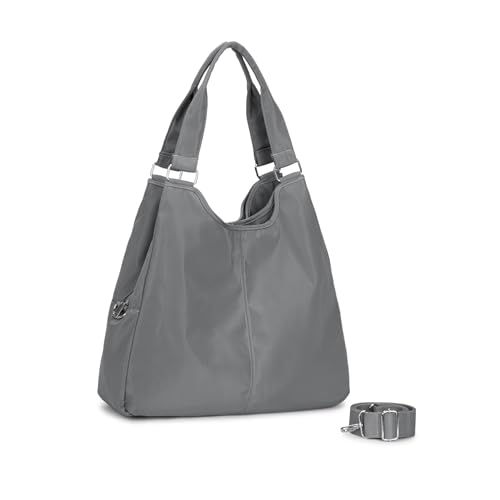 Bolsa Nylon Feminina para Faculdade, Trabalho, Academia e Uso Diário - Bolsa Universitária Lateral de Ombro Impermeável Dia a Dia Casual (Cinza, Grande)