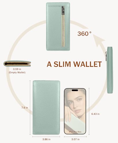 Image of Immaturus Light Green Womens Wallet, Slim Thin RFID Blocking Card Wallets, PU Leather Bifold Credit Card Holder Organizer, Minimalist Cash Clutch Long Billfold with Zipper Coin Pocket Ladies Girl Gift