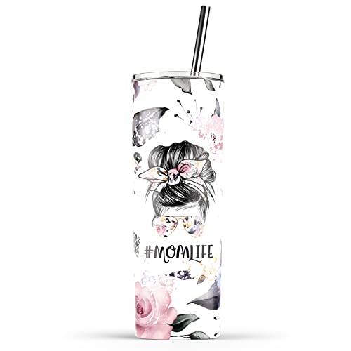 YouNique Designs Floral Mama Coffee Tumbler with Straw and Lid, 20 Oz, Insulated Stainless Steel Skinny Tumbler for Women, Flower Mom Tea Tumbler, Mom Life Water Tumbler