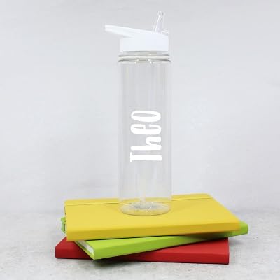 eBuyGB Personalised Water Bottle with Straw & Coloured Lid, Custom Name Drinks Bottle, Back to School, Kids Water Bottle for Nursery, Girls, Boys (White)