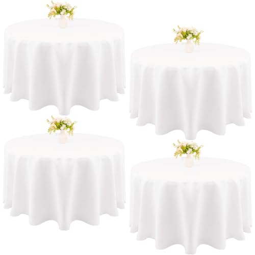 JALANCY 4 Pack 120 Inch White Polyester Round Table Cloth Washable Fabric Table Covers for Wedding Dining Table Buffet Parties Banquet Decor