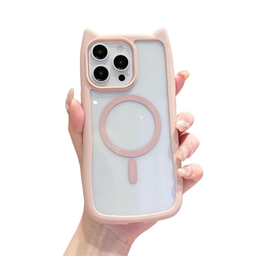 Custodia per iPhone 16 Pro Max con orecchie di gatto compatibile con Mag-Safe trasparente custodia protettiva e antigraffio per 16 Pro Max rosa tpu